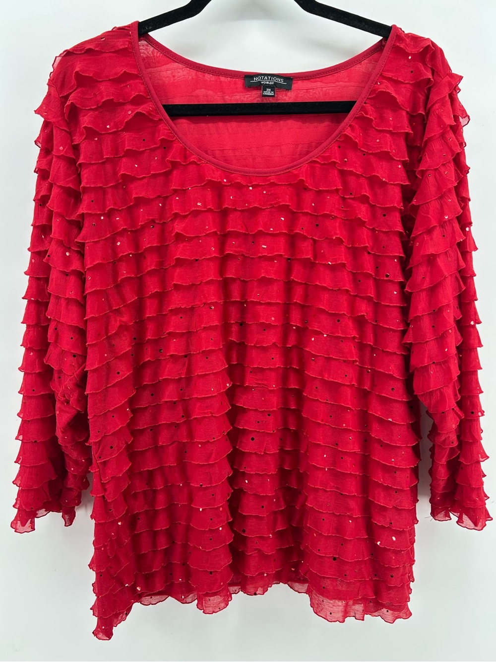 Notations Red Romantic Festive Layered Ruffle Scoop-Neck Blouse Women's Sz 3X